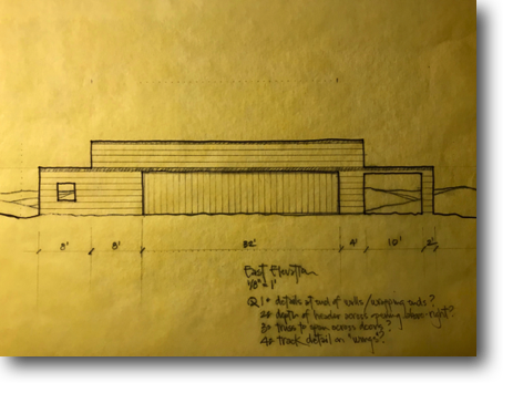 Facade drawing for a new storage shed we are calling the "hangar."