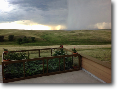 Rain storm in the western background.