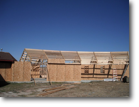 Between the trusses we ran 2x8 purlins to carry the roof sheathing.