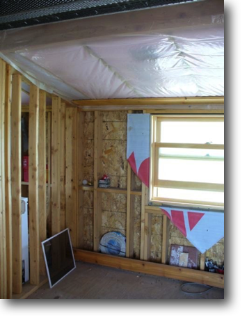 The sloped cabin ceilings were finished with T&G over the vapor barrier.