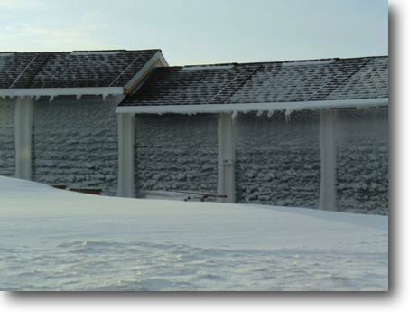Ice buildup on the bathhouse wall.